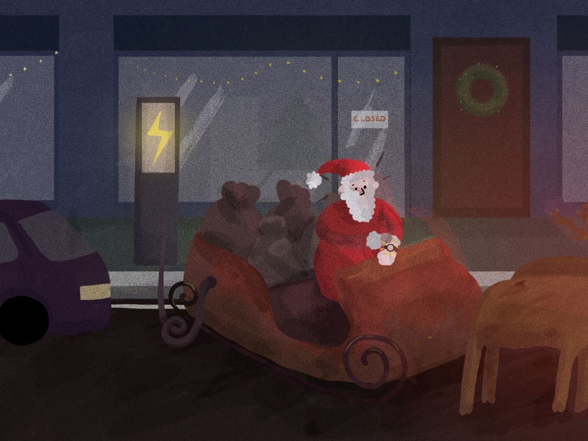Santa and reindeer wait while his EV sleigh charges